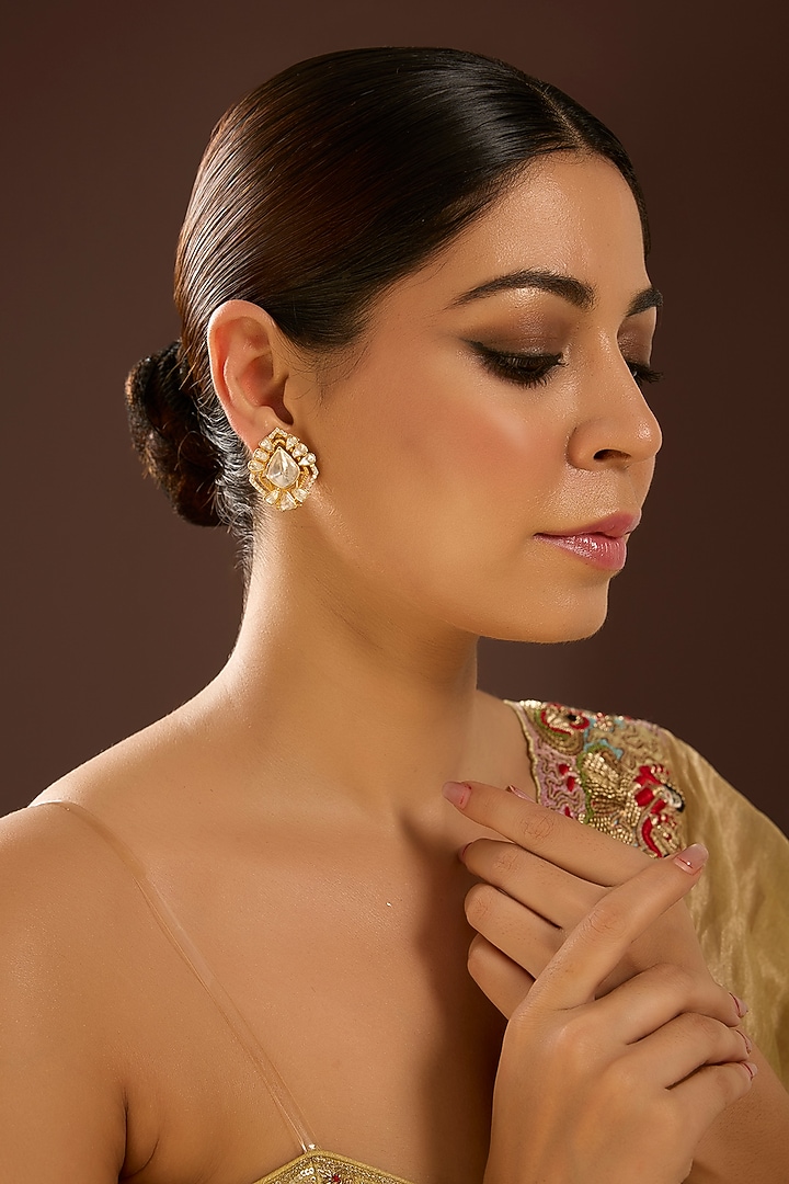 Yellow Gold Finish Moissanite Polki Stud Earrings In Sterling Silver by STELLA CREATIONS at Pernia's Pop Up Shop