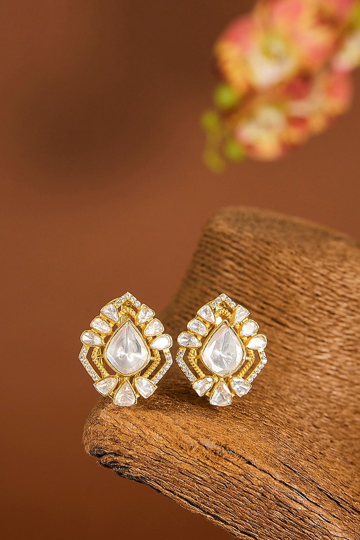 Yellow Gold Finish Moissanite Polki Stud Earrings In Sterling Silver by STELLA CREATIONS at Pernia's Pop Up Shop