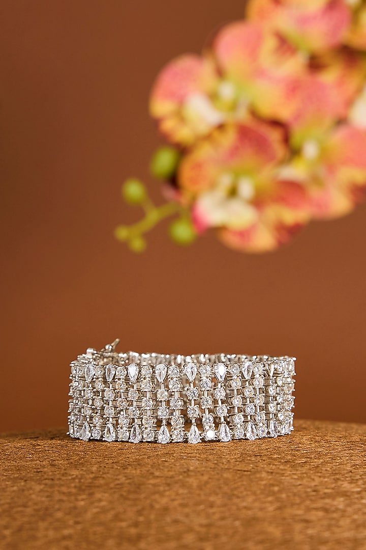 White Gold Finish Zircon Bracelet In Sterling Silver by STELLA CREATIONS at Pernia's Pop Up Shop
