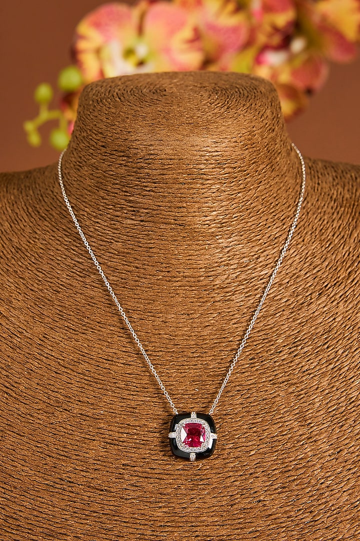 White Gold Finish Zircon & Ruby Stone Black Enameled Pendant Necklace Set In Sterling Silver by STELLA CREATIONS at Pernia's Pop Up Shop