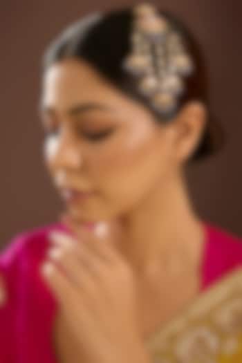 Yellow Gold Finish Moissanite Polki Pink Enameled Passa In Sterling Silver by STELLA CREATIONS at Pernia's Pop Up Shop