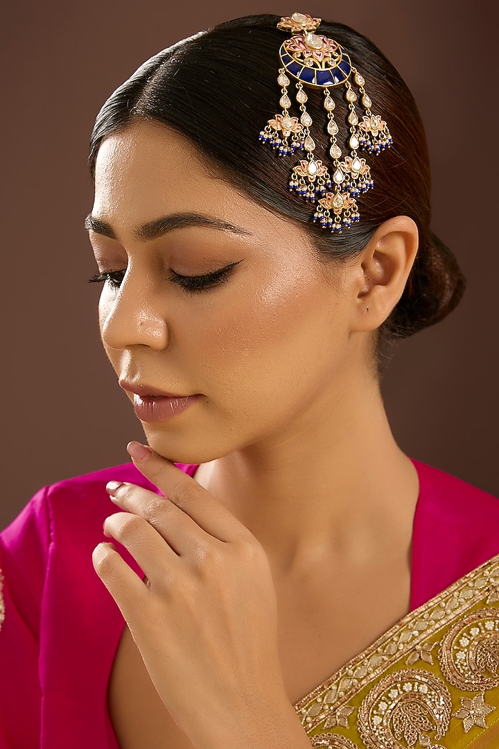 Yellow Gold Finish Moissanite Polki Pink Enameled Passa In Sterling Silver by STELLA CREATIONS at Pernia's Pop Up Shop