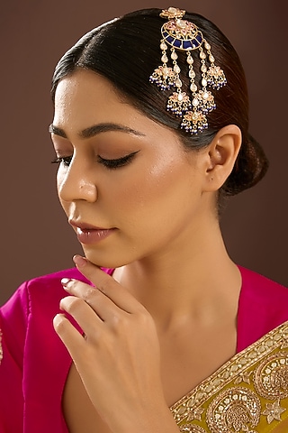 Yellow Gold Finish Moissanite Polki Pink Enameled Passa In Sterling Silver by STELLA CREATIONS