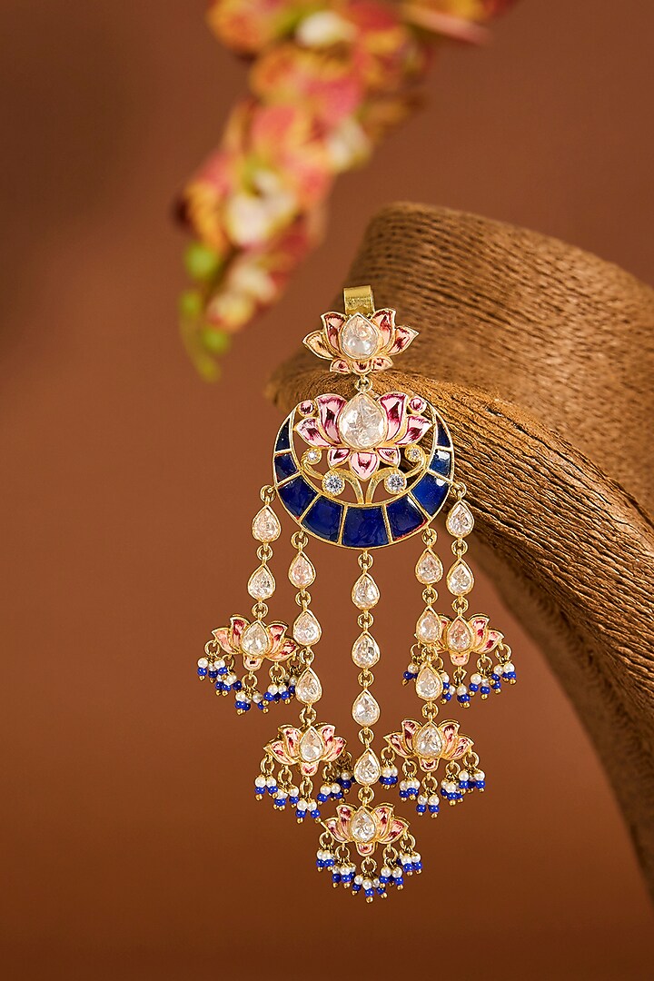 Yellow Gold Finish Moissanite Polki Pink Enameled Passa In Sterling Silver by STELLA CREATIONS at Pernia's Pop Up Shop