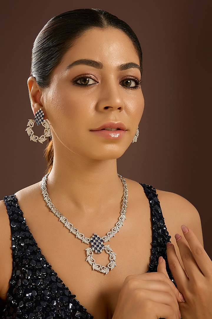 White Gold Finish Zircon & Sapphire Stone Long Necklace Set In Sterling Silver by STELLA CREATIONS at Pernia's Pop Up Shop