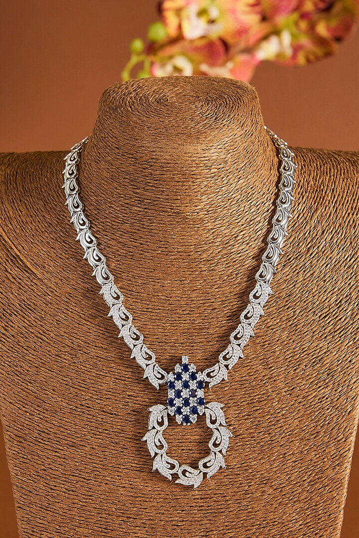 White Gold Finish Zircon & Sapphire Stone Long Necklace Set In Sterling Silver by STELLA CREATIONS at Pernia's Pop Up Shop