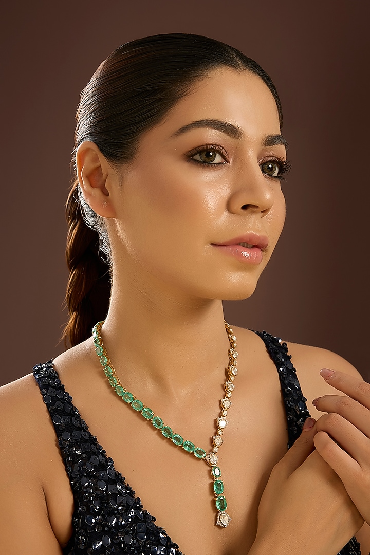 Yellow Gold Finish Moissanite Polki & Emerald Stone Long Necklace In Sterling Silver by STELLA CREATIONS at Pernia's Pop Up Shop