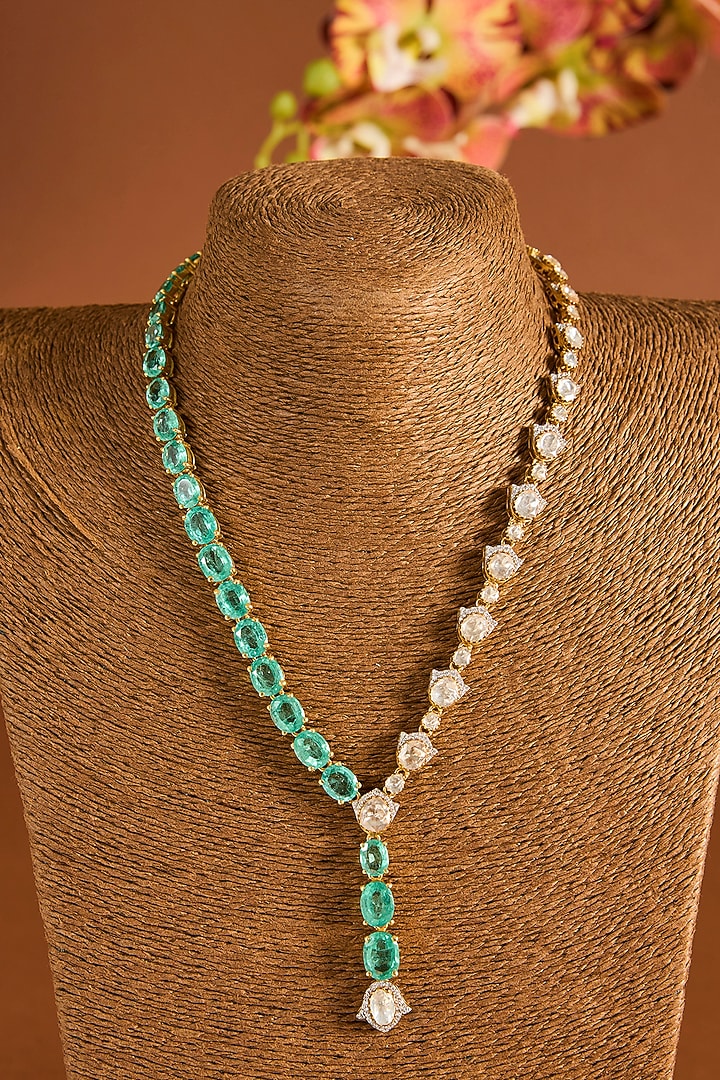 Yellow Gold Finish Moissanite Polki & Emerald Stone Long Necklace In Sterling Silver by STELLA CREATIONS at Pernia's Pop Up Shop