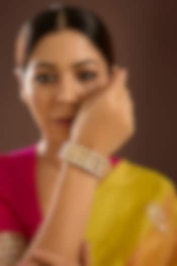 Yellow Gold Finish Moissanite Polki Bangle In Sterling Silver by STELLA CREATIONS at Pernia's Pop Up Shop