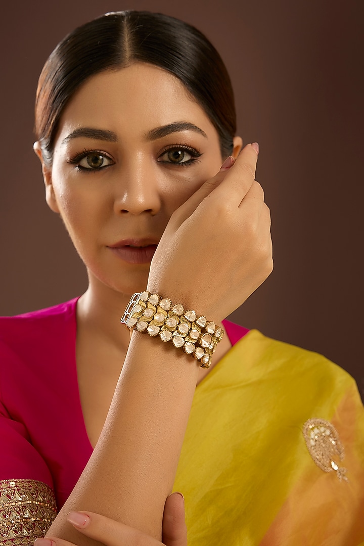 Yellow Gold Finish Moissanite Polki Bangle In Sterling Silver by STELLA CREATIONS at Pernia's Pop Up Shop