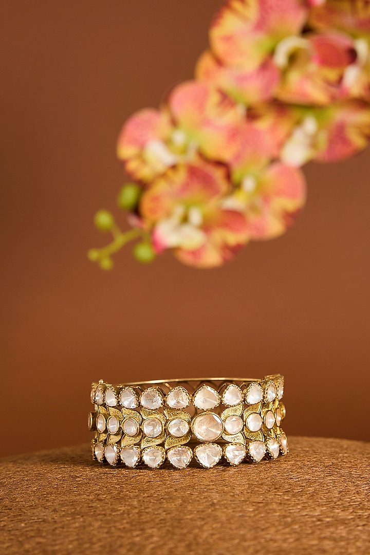 Yellow Gold Finish Moissanite Polki Bangle In Sterling Silver by STELLA CREATIONS at Pernia's Pop Up Shop