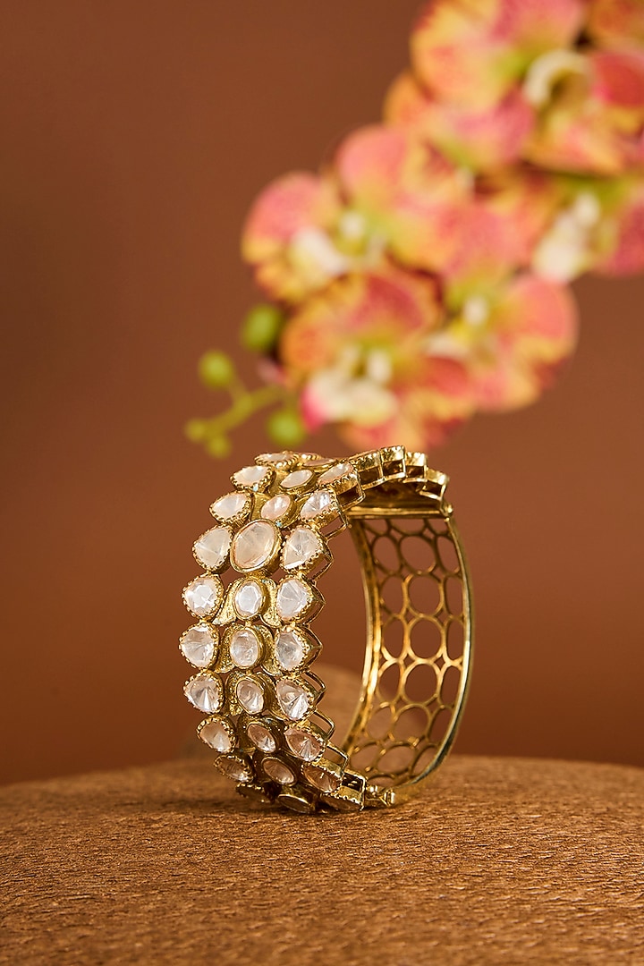 Yellow Gold Finish Moissanite Polki Bangle In Sterling Silver by STELLA CREATIONS at Pernia's Pop Up Shop