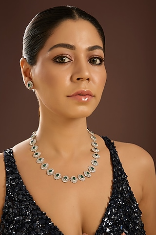 White Gold Finish Zircon & Emerald Stone Long Necklace Set In Sterling Silver by STELLA CREATIONS
