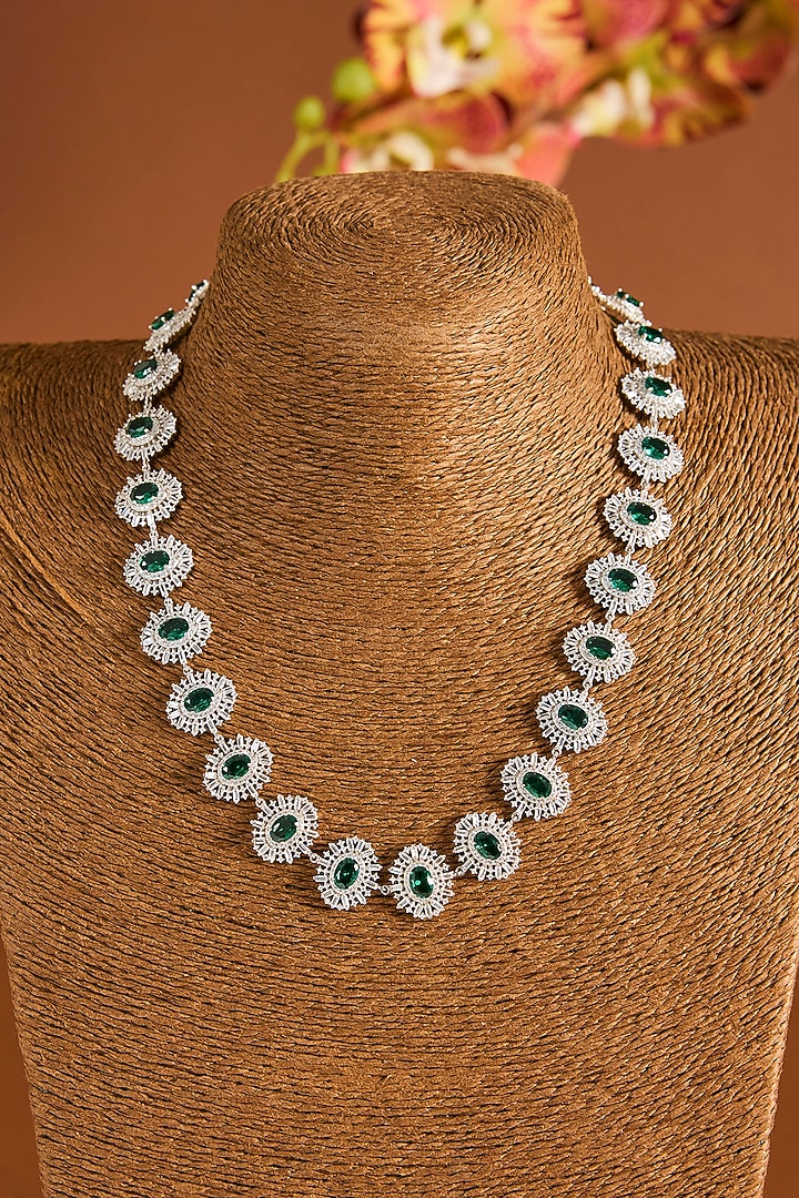 White Gold Finish Zircon & Emerald Stone Long Necklace Set In Sterling Silver by STELLA CREATIONS at Pernia's Pop Up Shop