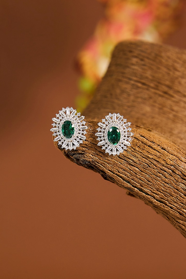 White Gold Finish Zircon & Emerald Stone Long Necklace Set In Sterling Silver by STELLA CREATIONS at Pernia's Pop Up Shop