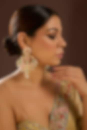 Yellow Gold Finish Moissanite Polki & Shell Pearl Chandbali Earrings In Sterling Silver by STELLA CREATIONS at Pernia's Pop Up Shop