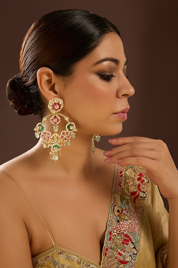 Yellow Gold Finish Moissanite Polki & Shell Pearl Chandbali Earrings In Sterling Silver by STELLA CREATIONS at Pernia's Pop Up Shop