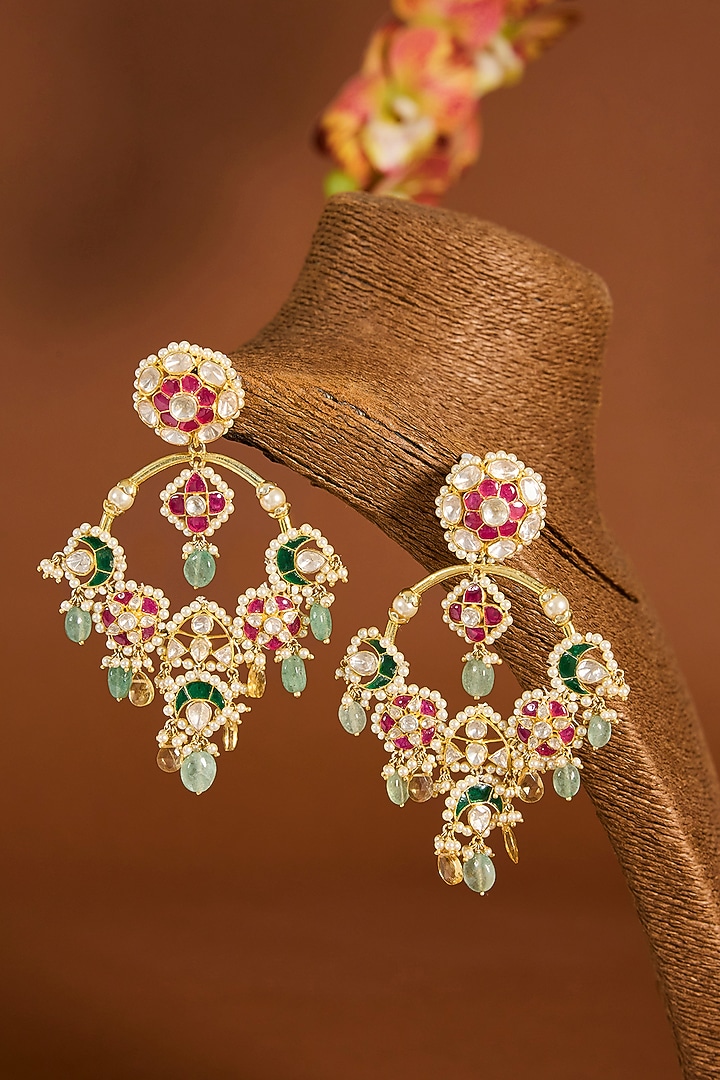 Yellow Gold Finish Moissanite Polki & Shell Pearl Chandbali Earrings In Sterling Silver by STELLA CREATIONS at Pernia's Pop Up Shop