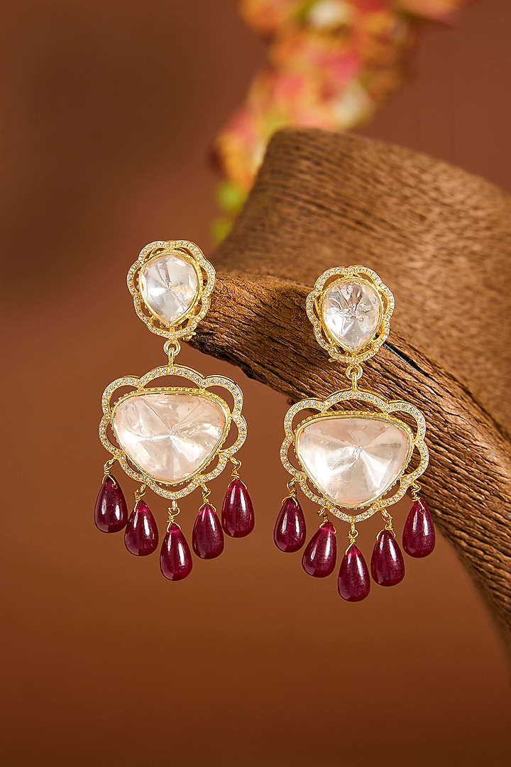 Yellow Gold Finish Moissanite Polki & Ruby Stone Dangler Earrings In Sterling Silver by STELLA CREATIONS at Pernia's Pop Up Shop