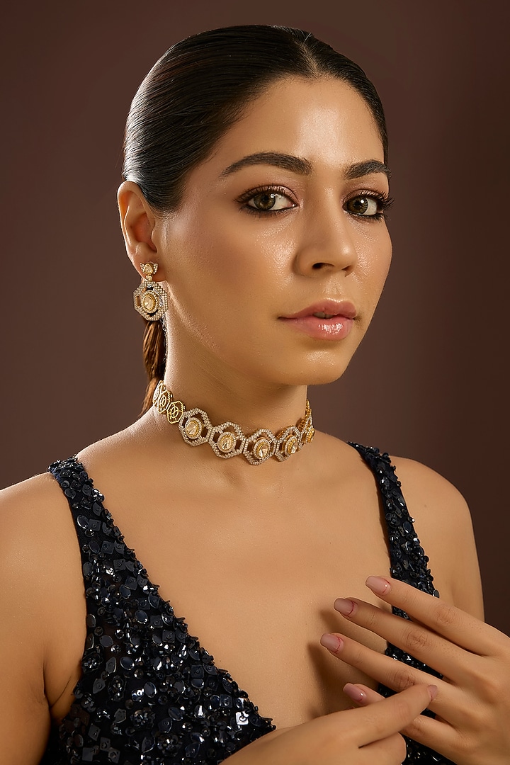 White Gold Finish Moissanite Polki & Zircon Necklace Set In Sterling Silver by STELLA CREATIONS at Pernia's Pop Up Shop