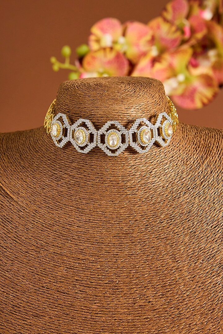 White Gold Finish Moissanite Polki & Zircon Necklace Set In Sterling Silver by STELLA CREATIONS at Pernia's Pop Up Shop