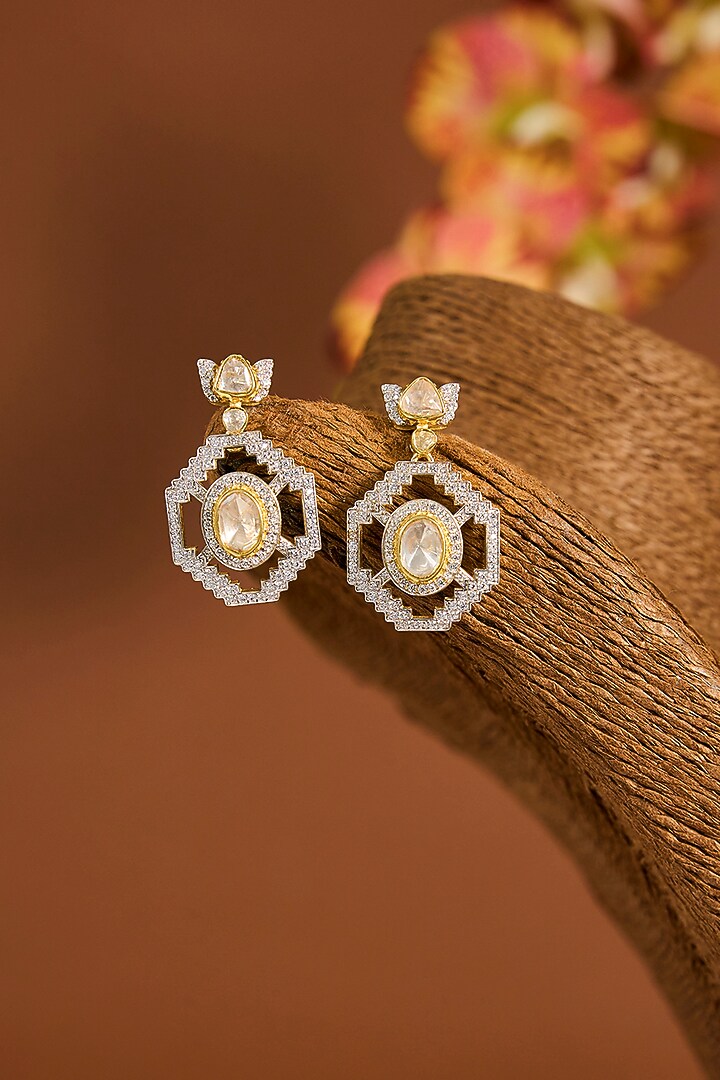 White Gold Finish Moissanite Polki & Zircon Necklace Set In Sterling Silver by STELLA CREATIONS at Pernia's Pop Up Shop