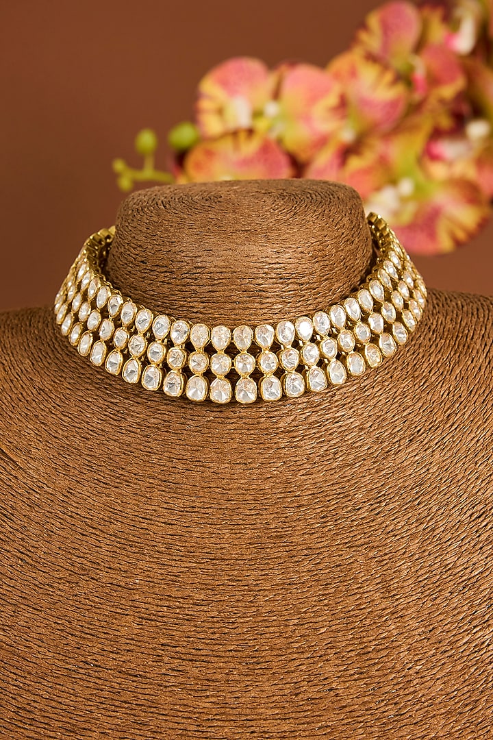 Yellow Gold Finish Moissanite Polki Choker Necklace Set In Sterling Silver by STELLA CREATIONS at Pernia's Pop Up Shop