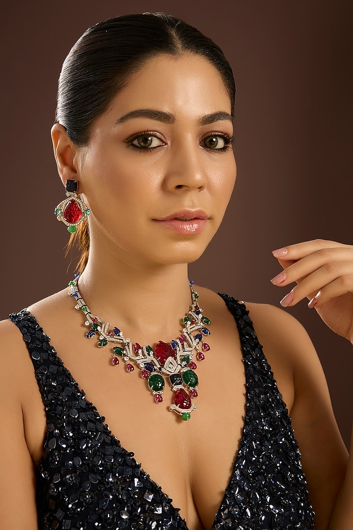 White Gold Finish Zircon & Multi-Colored Stone Long Necklace Set In Sterling Silver by STELLA CREATIONS at Pernia's Pop Up Shop