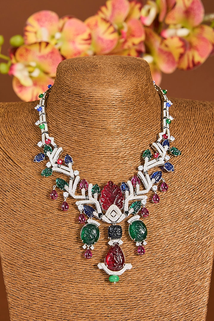 White Gold Finish Zircon & Multi-Colored Stone Long Necklace Set In Sterling Silver by STELLA CREATIONS at Pernia's Pop Up Shop