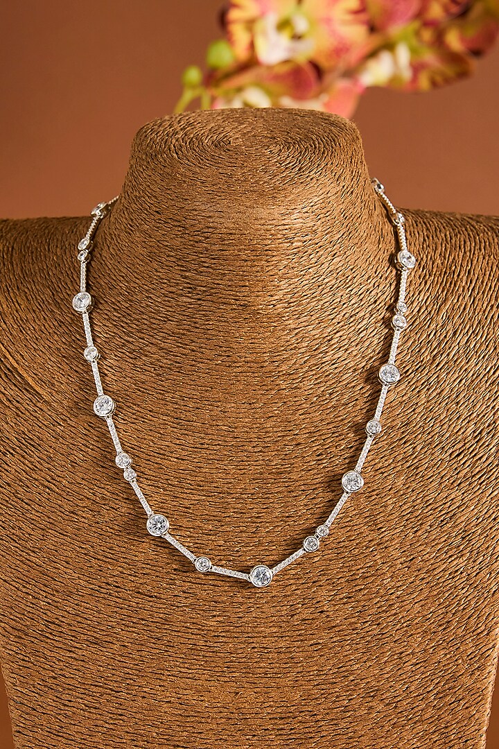 White Gold Finish Zircon Necklace In Sterling Silver by STELLA CREATIONS at Pernia's Pop Up Shop