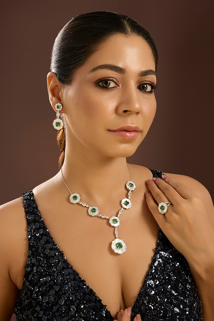 White Gold Finish Zircon & Emerald Stone Necklace Set In Sterling Silver by STELLA CREATIONS at Pernia's Pop Up Shop