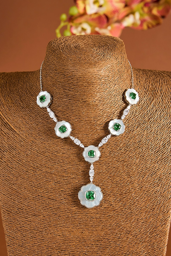 White Gold Finish Zircon & Emerald Stone Necklace Set In Sterling Silver by STELLA CREATIONS at Pernia's Pop Up Shop