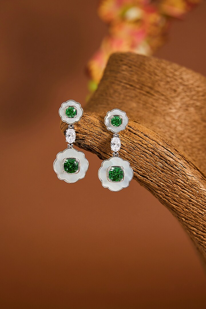 White Gold Finish Zircon & Emerald Stone Necklace Set In Sterling Silver by STELLA CREATIONS at Pernia's Pop Up Shop