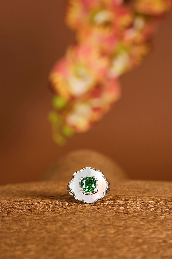 White Gold Finish Zircon & Emerald Stone Necklace Set In Sterling Silver by STELLA CREATIONS at Pernia's Pop Up Shop