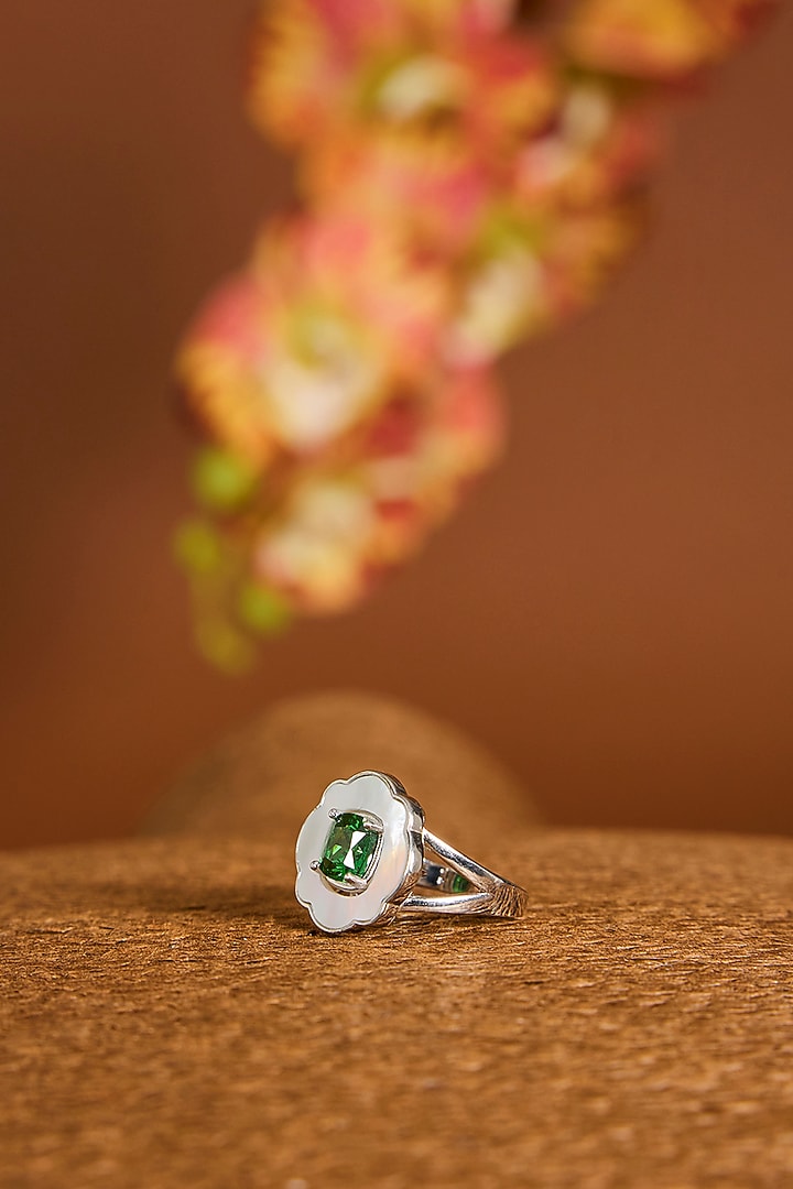 White Gold Finish Zircon & Emerald Stone Necklace Set In Sterling Silver by STELLA CREATIONS at Pernia's Pop Up Shop