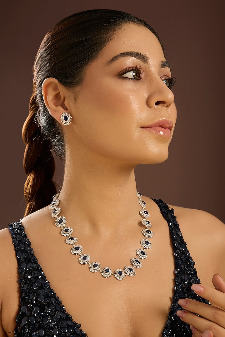 White Gold Finish Zircon & Sapphire Stone Necklace Set In Sterling Silver by STELLA CREATIONS at Pernia's Pop Up Shop
