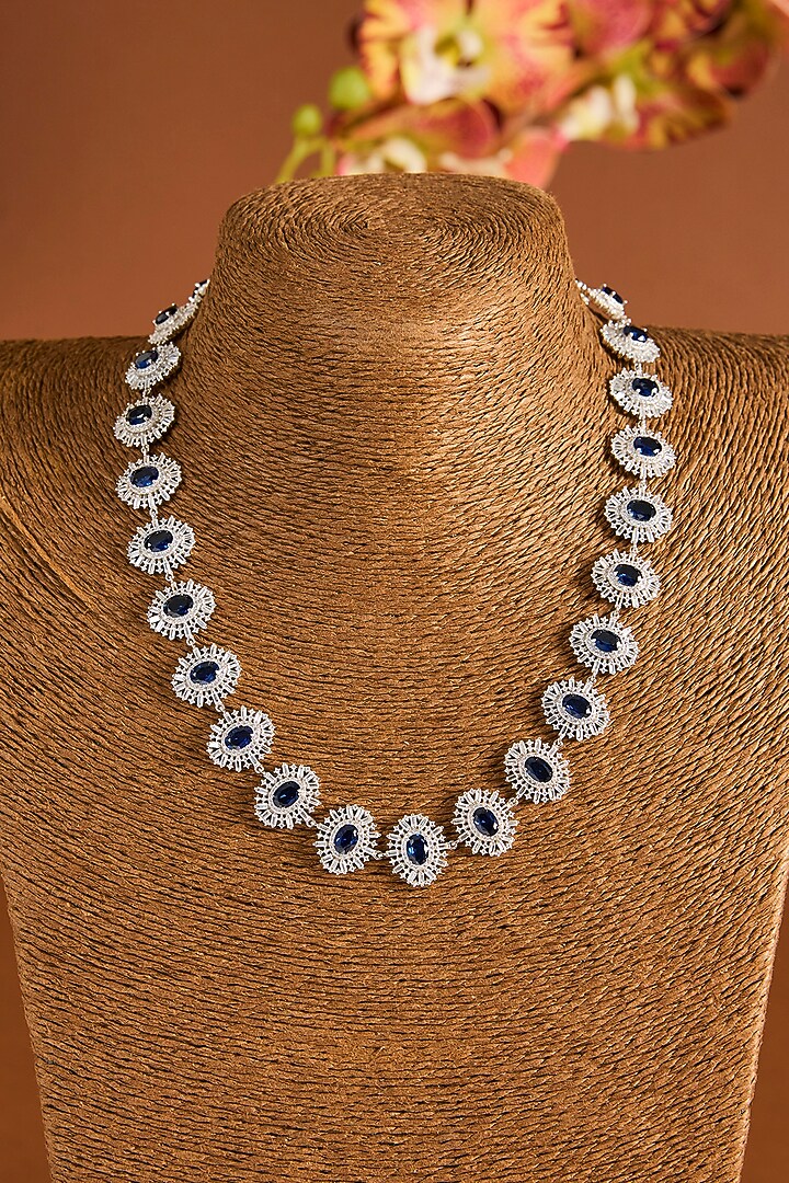 White Gold Finish Zircon & Sapphire Stone Necklace Set In Sterling Silver by STELLA CREATIONS at Pernia's Pop Up Shop
