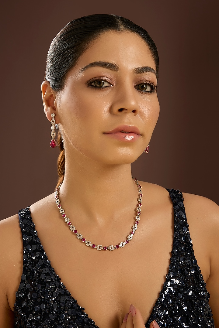 White Gold Finish Zircon & Ruby Stone Necklace Set In Sterling Silver by STELLA CREATIONS at Pernia's Pop Up Shop