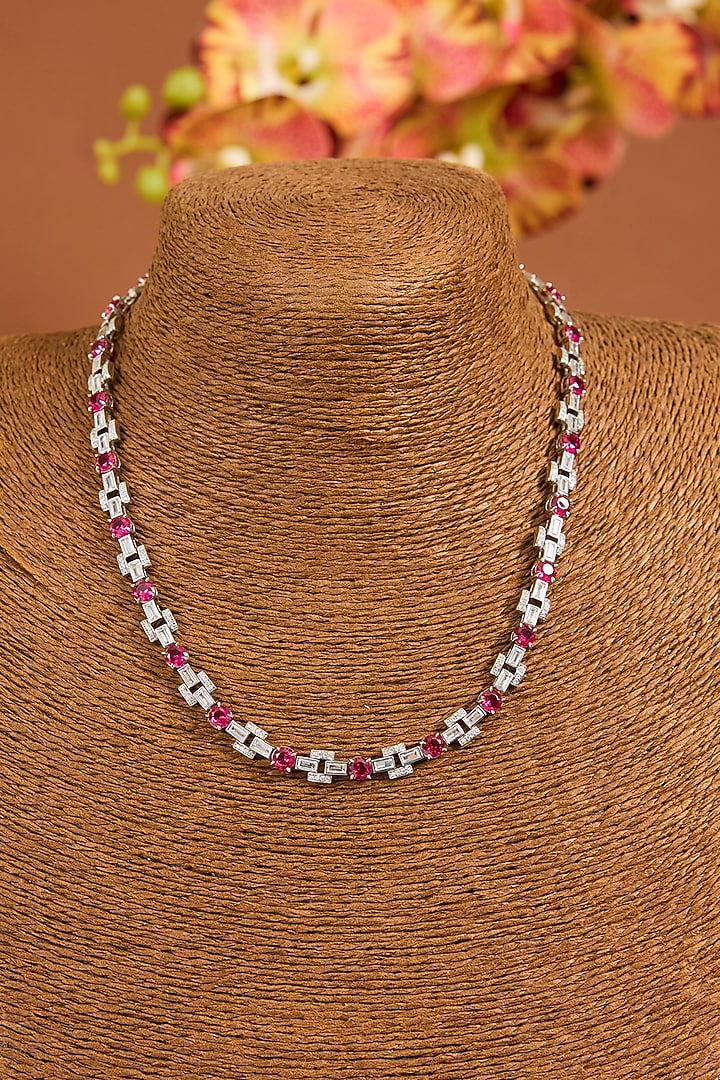 White Gold Finish Zircon & Ruby Stone Necklace Set In Sterling Silver by STELLA CREATIONS at Pernia's Pop Up Shop