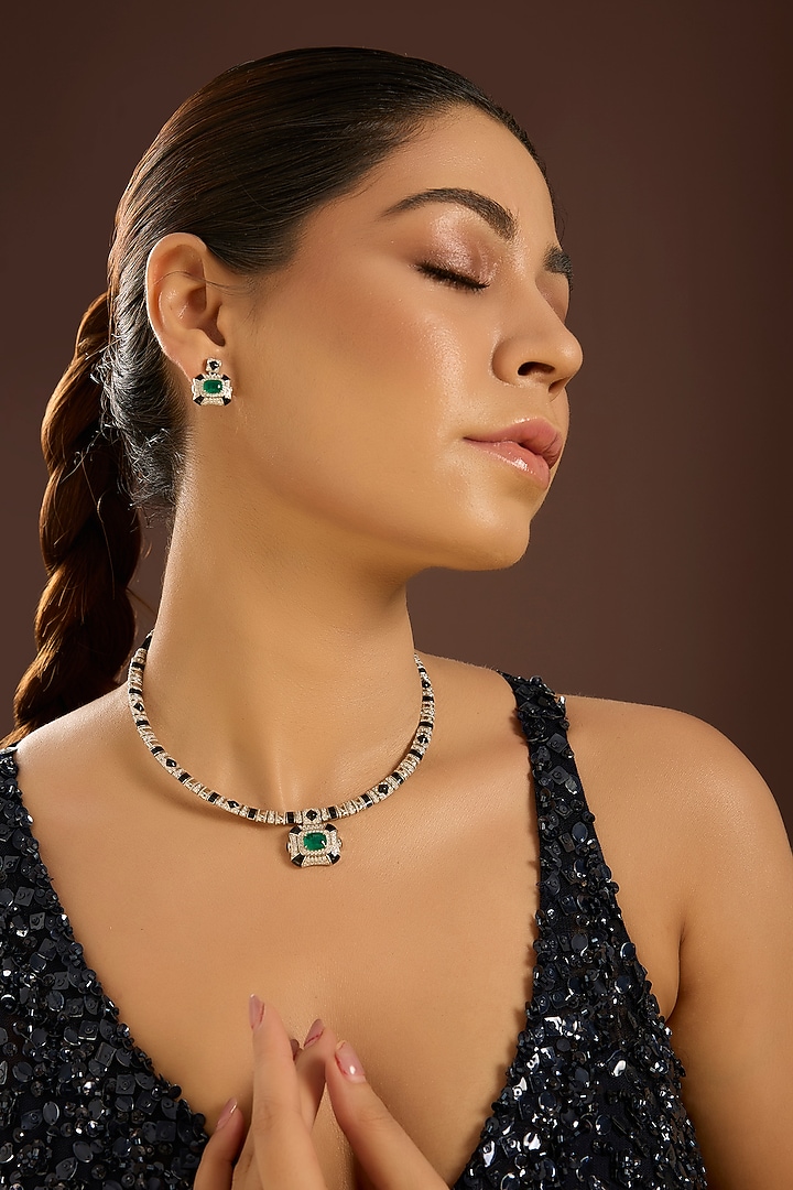 White Gold Finish Zircon & Emerald Stone Choker Necklace Set In Sterling Silver by STELLA CREATIONS at Pernia's Pop Up Shop