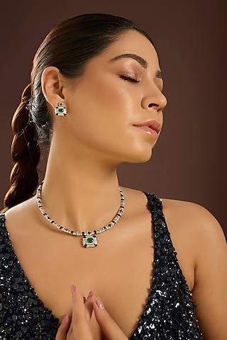 White Gold Finish Zircon & Emerald Stone Choker Necklace Set In Sterling Silver by STELLA CREATIONS