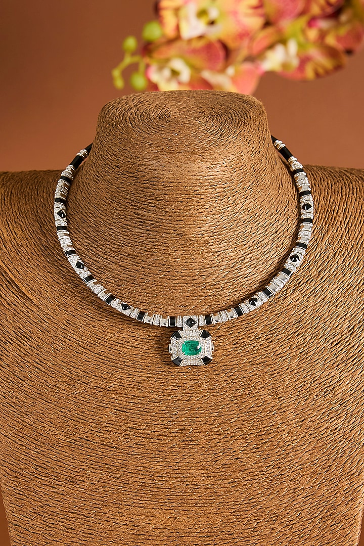 White Gold Finish Zircon & Emerald Stone Choker Necklace Set In Sterling Silver by STELLA CREATIONS at Pernia's Pop Up Shop
