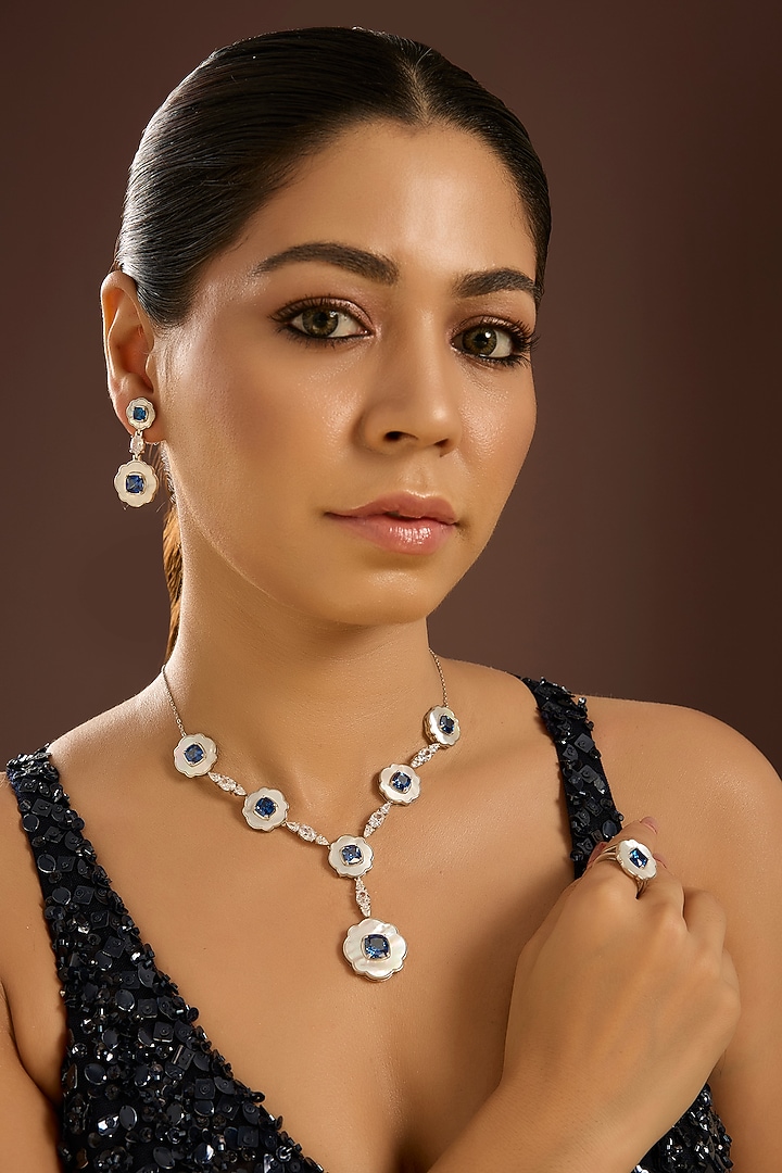 White Gold Finish Swarovski Zircon & Sapphire Stone Necklace Set In Sterling Silver by STELLA CREATIONS at Pernia's Pop Up Shop