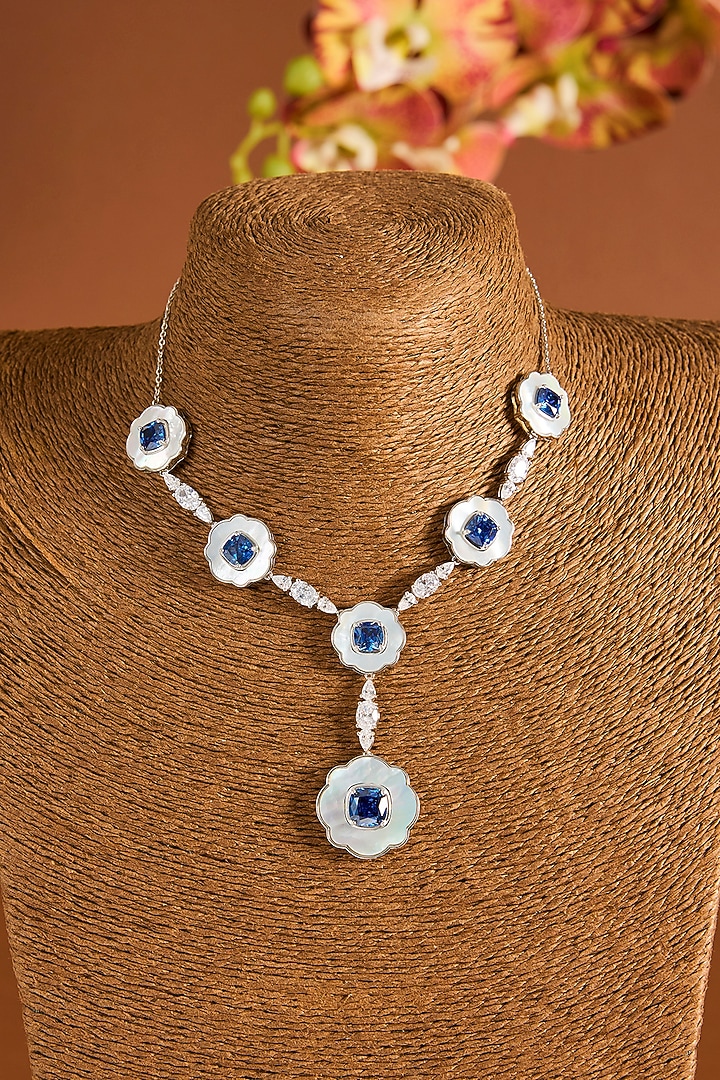 White Gold Finish Swarovski Zircon & Sapphire Stone Necklace Set In Sterling Silver by STELLA CREATIONS at Pernia's Pop Up Shop