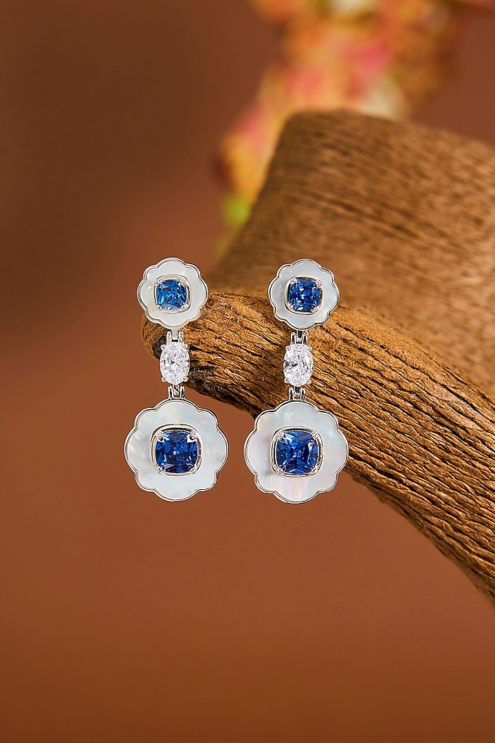White Gold Finish Swarovski Zircon & Sapphire Stone Necklace Set In Sterling Silver by STELLA CREATIONS at Pernia's Pop Up Shop