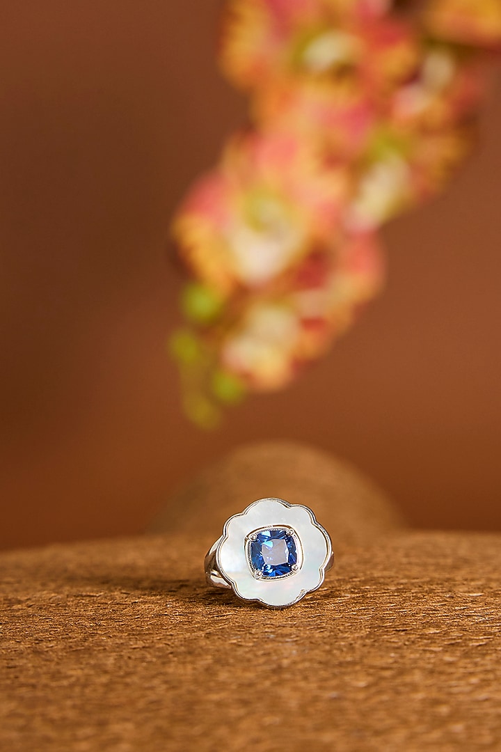 White Gold Finish Swarovski Zircon & Sapphire Stone Necklace Set In Sterling Silver by STELLA CREATIONS at Pernia's Pop Up Shop