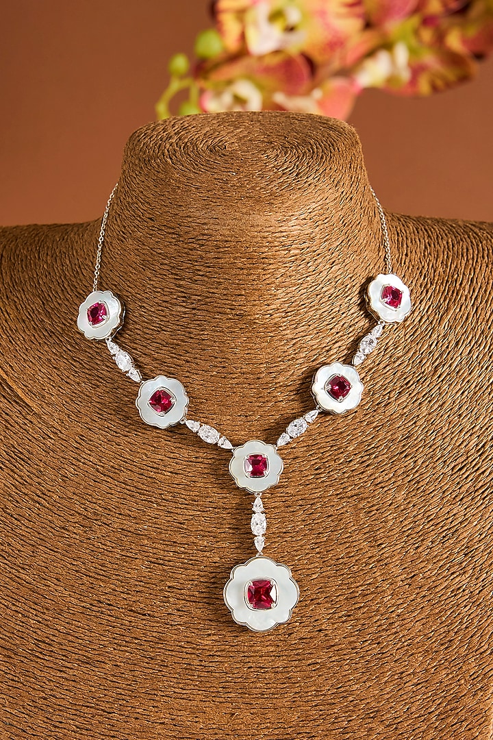 White Gold Finish Swarovski Zircon & Ruby Stone Necklace Set In Sterling Silver by STELLA CREATIONS at Pernia's Pop Up Shop