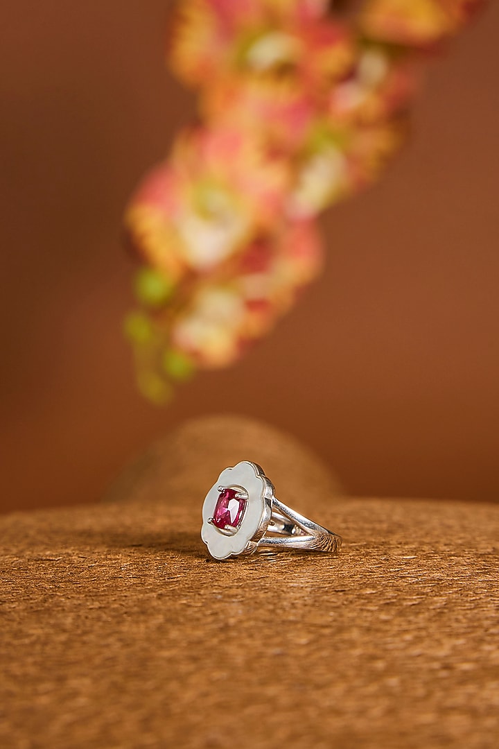 White Gold Finish Swarovski Zircon & Ruby Stone Necklace Set In Sterling Silver by STELLA CREATIONS at Pernia's Pop Up Shop