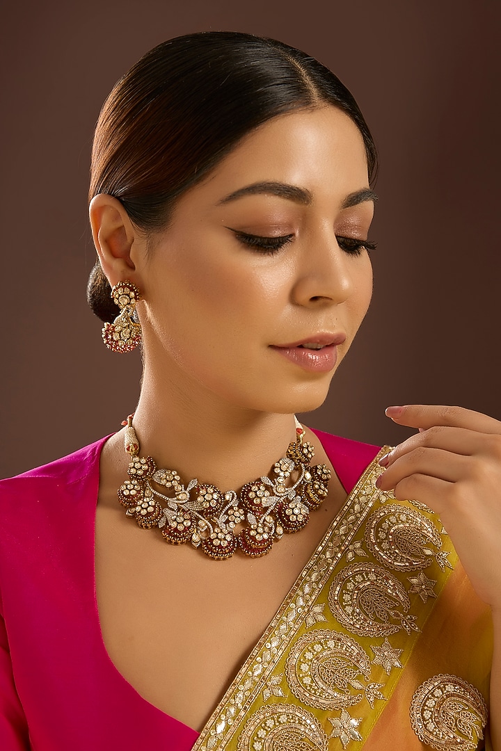 Yellow Gold Finish Moissanite Polki & Ruby Stone Choker Necklace Set In Sterling Silver by STELLA CREATIONS at Pernia's Pop Up Shop