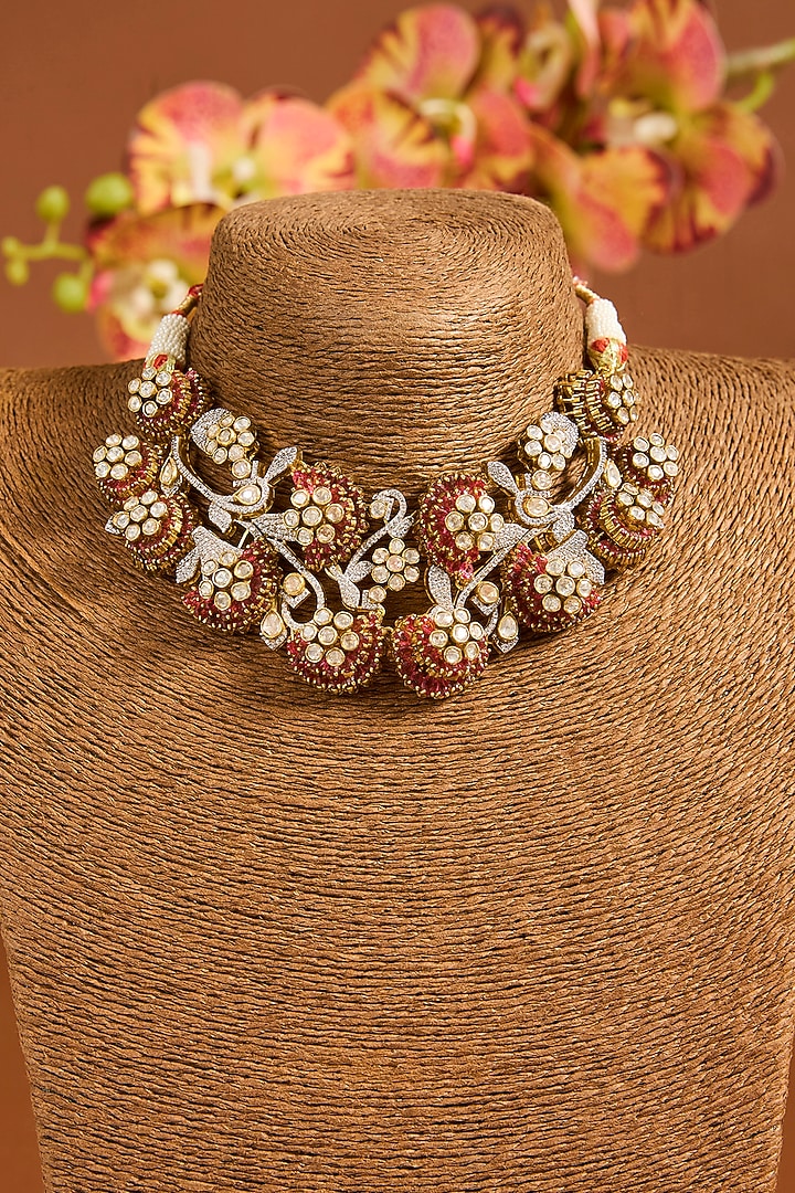 Yellow Gold Finish Moissanite Polki & Ruby Stone Choker Necklace Set In Sterling Silver by STELLA CREATIONS at Pernia's Pop Up Shop